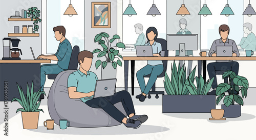 Flat style illustration of people working in a modern coworking office with laptops, plants, and relaxed seating, representing teamwork, productivity, and contemporary workplace culture