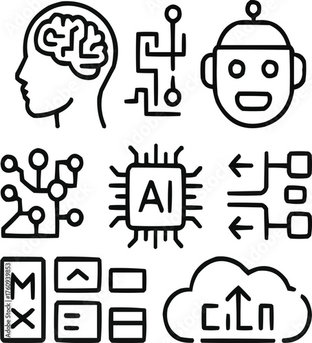 Artificial Intelligence Outline Icons Set – Innovation, Robotics, and Neural Networks