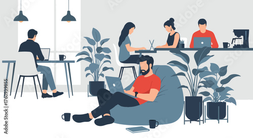 Flat style illustration of people working in a modern coworking office with laptops, plants, and relaxed seating, representing teamwork, productivity, and contemporary workplace culture