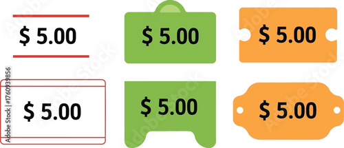 Price Tags Set with Different Shapes and Colors with Amount 5.00 on Transparent Background