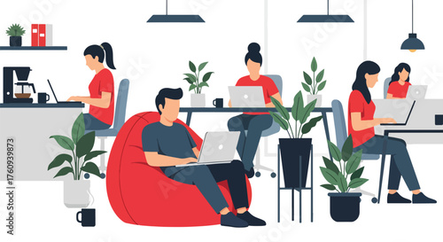 Flat style illustration of people working in a modern coworking office with laptops, plants, and relaxed seating, representing teamwork, productivity, and contemporary workplace culture