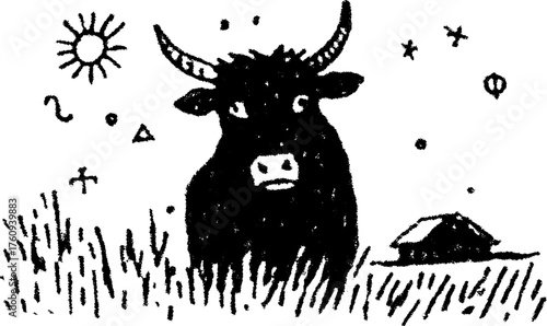 Black cow silhouette in a grass field. Simple hand-drawn vector illustration with rural elements such as a house and sun.