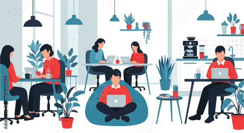 Flat style illustration of people working in a modern coworking office with laptops, plants, and relaxed seating, representing teamwork, productivity, and contemporary workplace culture