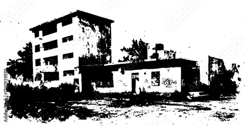 Silhouette of an abandoned building in vintage engraving style. Black outline drawing showcases urban architecture in a vector illustration.