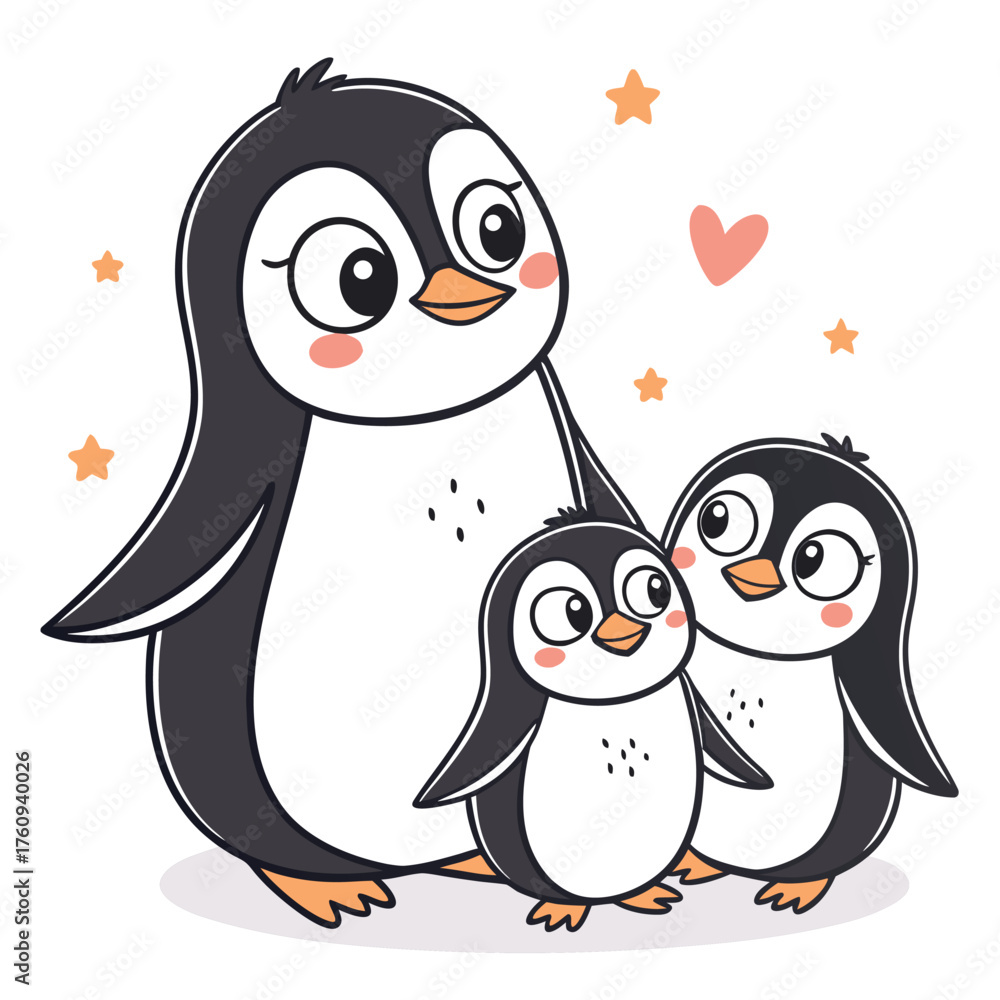 Fototapeta premium Cute cartoon penguin family with stars and heart on white background animal