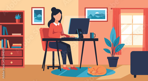 Flat style illustration of a woman working remotely at home with a computer and a sleeping cat, symbolizing freelance work, productivity, comfort, and modern work-life balance