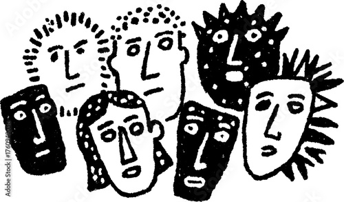 Silhouette of hand-drawn faces in an abstract style. Black outline characters form a unique vector illustration set with a modern feel.