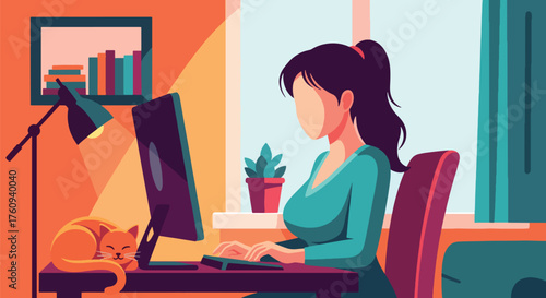 Flat style illustration of a woman working remotely at home with a computer and a sleeping cat, symbolizing freelance work, productivity, comfort, and modern work-life balance