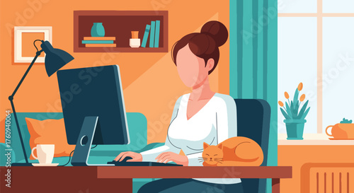 Flat style illustration of a woman working remotely at home with a computer and a sleeping cat, symbolizing freelance work, productivity, comfort, and modern work-life balance