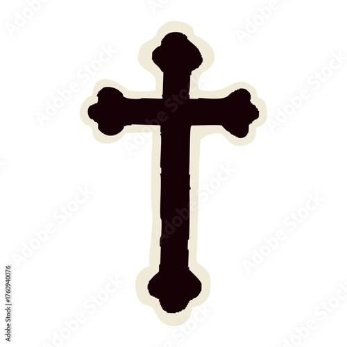 Bold black wood christian cross motif hand drawn vector style. Flat wooden crucifix simple gravestone marker icon. For sacred holy christianity religion or christ crucifixion bible study concept.