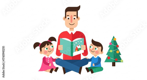 Father reading a storybook to two children beside Christmas tree  