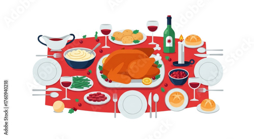 Festive Christmas dinner table with turkey