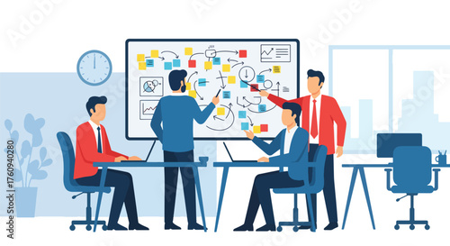 Flat style illustration of a business team analyzing charts and sticky notes on a whiteboard, representing project planning, data strategy, teamwork, and corporate goal achievement