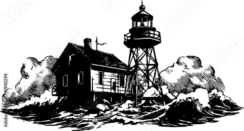Lighthouse and house in vintage engraving style. Waves crash against the structure, depicted in black and white set of vector illustrations.