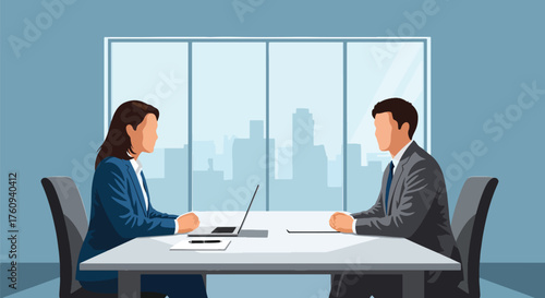 Flat style illustration of a job interview in a modern office, showing an HR manager and candidate discussing employment opportunities, recruitment, and professional career growth