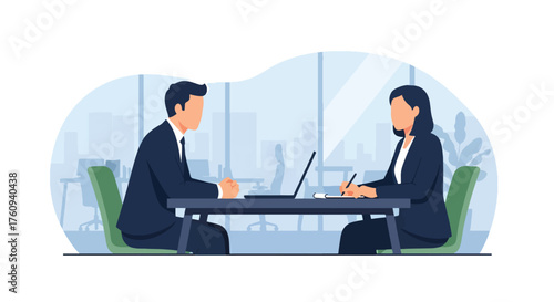 Flat style illustration of a job interview in a modern office, showing an HR manager and candidate discussing employment opportunities, recruitment, and professional career growth