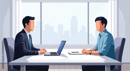 Flat style illustration of a job interview in a modern office, showing an HR manager and candidate discussing employment opportunities, recruitment, and professional career growth