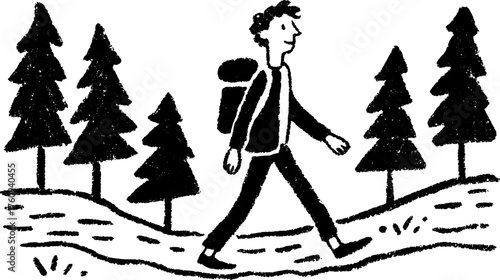 Hiker with a backpack walks among trees in a simple black and white vector illustration. This artwork showcases nature and outdoor adventure.