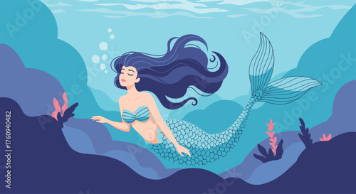 A serene mermaid gracefully swims through the deep blue ocean depths surrounded by coral.