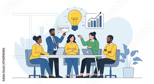 Flat style illustration of a business team brainstorming new ideas in a modern office, symbolizing creativity, innovation, teamwork, and strategic planning for company growth and success