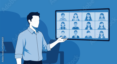 Flat style illustration of a business professional hosting an online meeting in a modern office, symbolizing remote teamwork, digital communication, and corporate collaboration