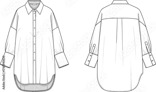 Long sleeve button up shirt flat sketch, front and back view, voluminous sleeve, wide cuff, pleated back, fashion technical drawing