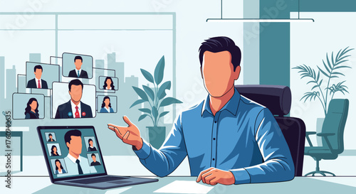 Flat style illustration of a business professional hosting an online meeting in a modern office, symbolizing remote teamwork, digital communication, and corporate collaboration