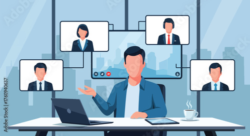 Flat style illustration of a business professional hosting an online meeting in a modern office, symbolizing remote teamwork, digital communication, and corporate collaboration