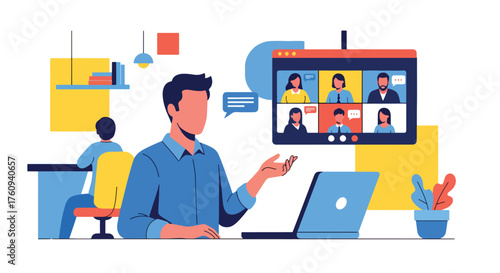 Flat style illustration of a business professional hosting an online meeting in a modern office, symbolizing remote teamwork, digital communication, and corporate collaboration