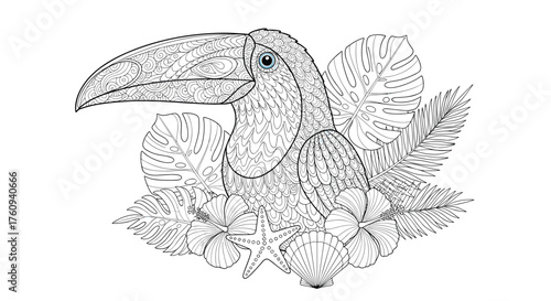 An artistic rendering of a detailed toucan bird showing its distinctive beak and plumage.
