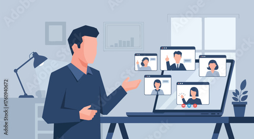 Flat style illustration of a business professional hosting an online meeting in a modern office, symbolizing remote teamwork, digital communication, and corporate collaboration