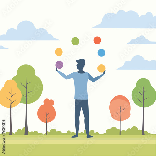 Man Juggling Colorful Balls in Sunny Outdoor Park Illustration with Blue Sky White Clouds and Trees on Green Grass on Bright Day
