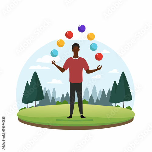 Man Juggling Colorful Balls on Green Meadow in Forest Scene Under White Sky Cartoon Illustration