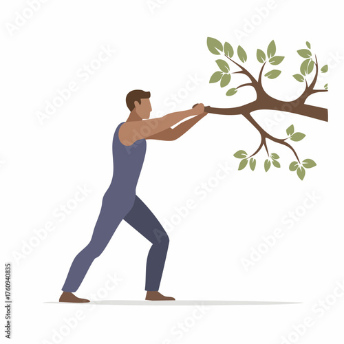 Man Straining to Pull Down Thick Tree Branch with Green Leaves in Vector Illustration on White Background