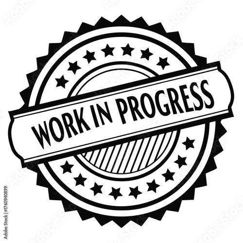 Vector illustration of grunge retro calligraphy text words written 'WORK IN PROGRESS' with thick strokes, isolated on white background