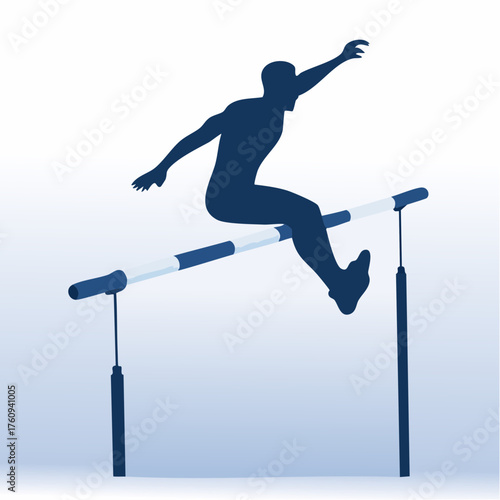 Silhouette of Athlete Jumping Over Hurdle with Blue and White Stripes Isolated on White Background