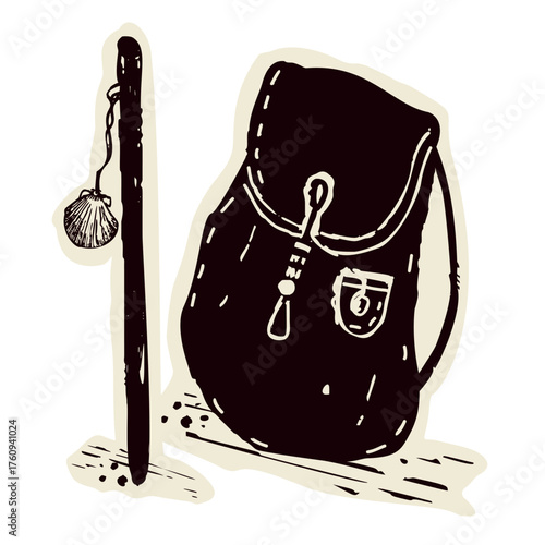 Drawing of pilgrims way shell walking stick and backpack motif set. For Canterbury religious sacred trail or Camino pilgrimage. Simple sketched jubilee faith based sanctuary illustration logo.