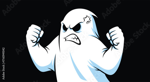 This animated spooky ghost is looking really angry and is flexing its arms.