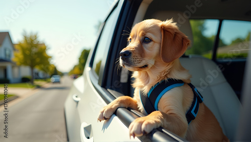 Golden Retriever Puppy in Electric Pickup Passenger Seat — Safe Pet Travel