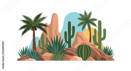 Vibrant desert landscape with diverse cacti and palm trees under a warm sky.