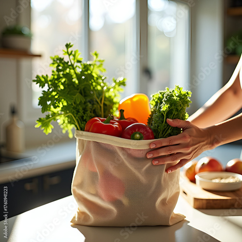 Hands arranging organic produce in a reusable mesh bag on a modern kitchen counter