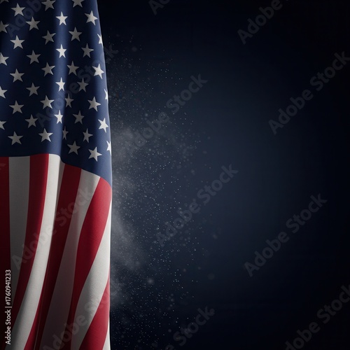 Patriotic USA flag draped elegantly against a dark and atmospheric background with subtle light