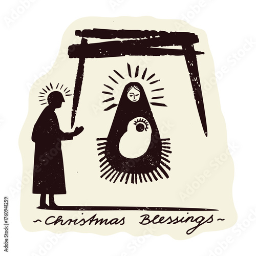 Hand drawn christmas blessings biblical holy family in manger nativity characters. Mary, Joseph and the baby Jesus christ child born in crib. Isolated vector icon for season greeting card.