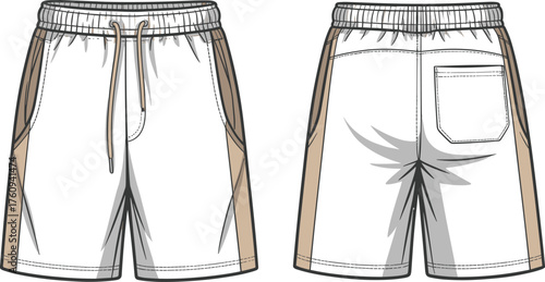 Men’s athletic shorts design, drawstring waistband detail, side pocket garment sketch, patch pocket back view, fashion illustration, sewing pattern, apparel construction reference