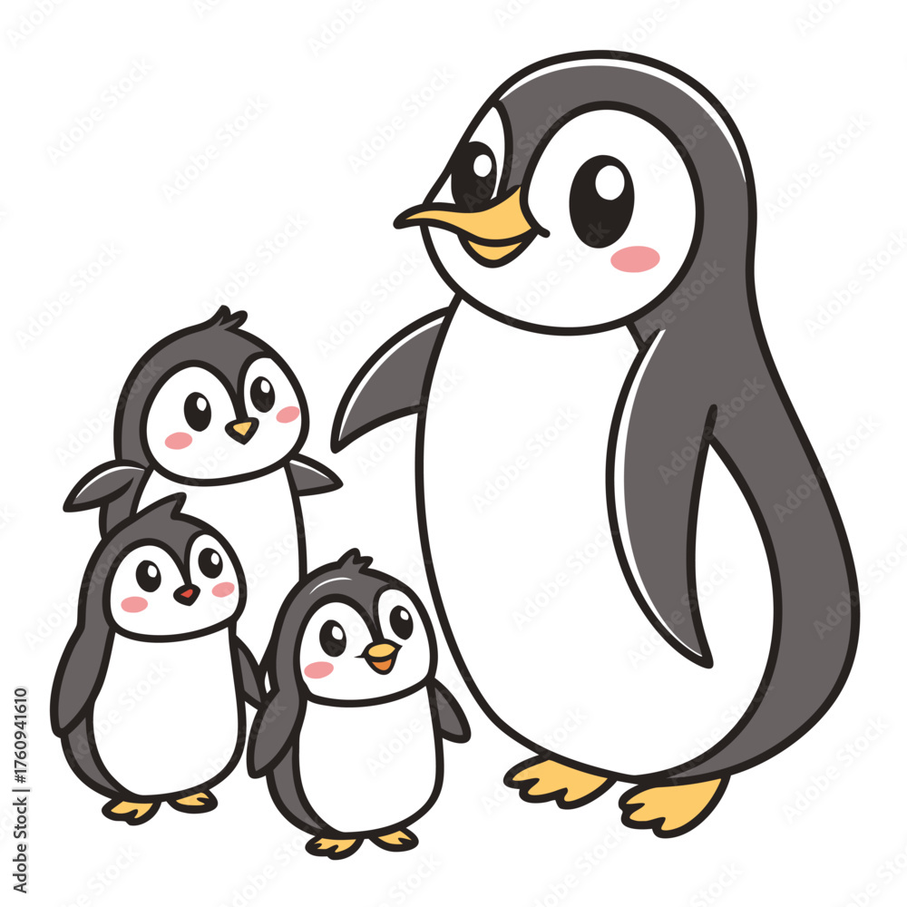 Obraz premium Cute cartoon penguin with three chicks on white background animal family