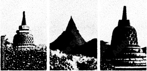 Stupa and mountain structures in black and white. Architectural landmarks showcasing traditional design in a serene vector illustration.