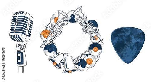 Elegant record label vector elements with vinyl wreath, vintage microphone, and guitar pick for music studio branding