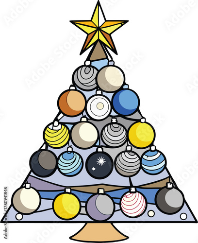 Festive christmas tree illustration with colorful ornaments and twinkling lights for holiday celebrations