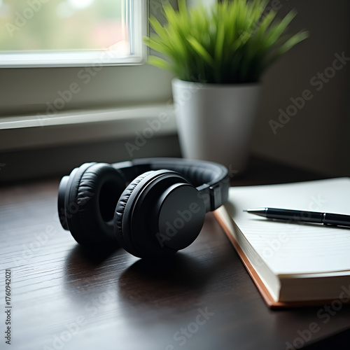 Noise-canceling headphones on dark wooden desk with minimalist journal