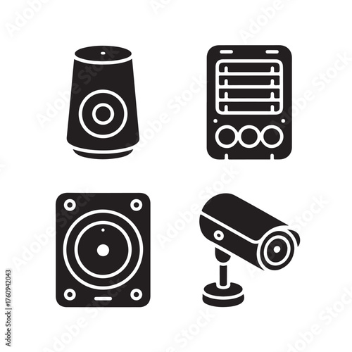 Smart home devices isolated on white background speaker, air purifier, sound system, and security camera in glyph style